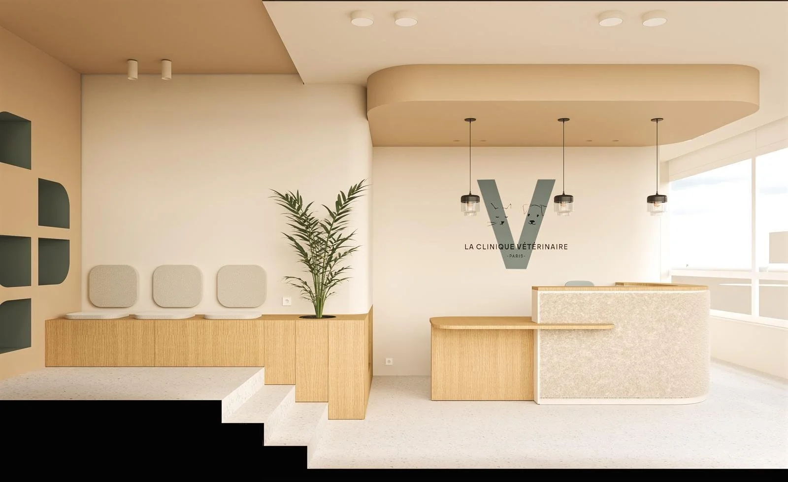 Intérieur d'une clinique vétérinaire moderne avec une réception en bois, un mur avec un grand 'V' et un logo, et une grande fenêtre laissant entrer la lumière naturelle.