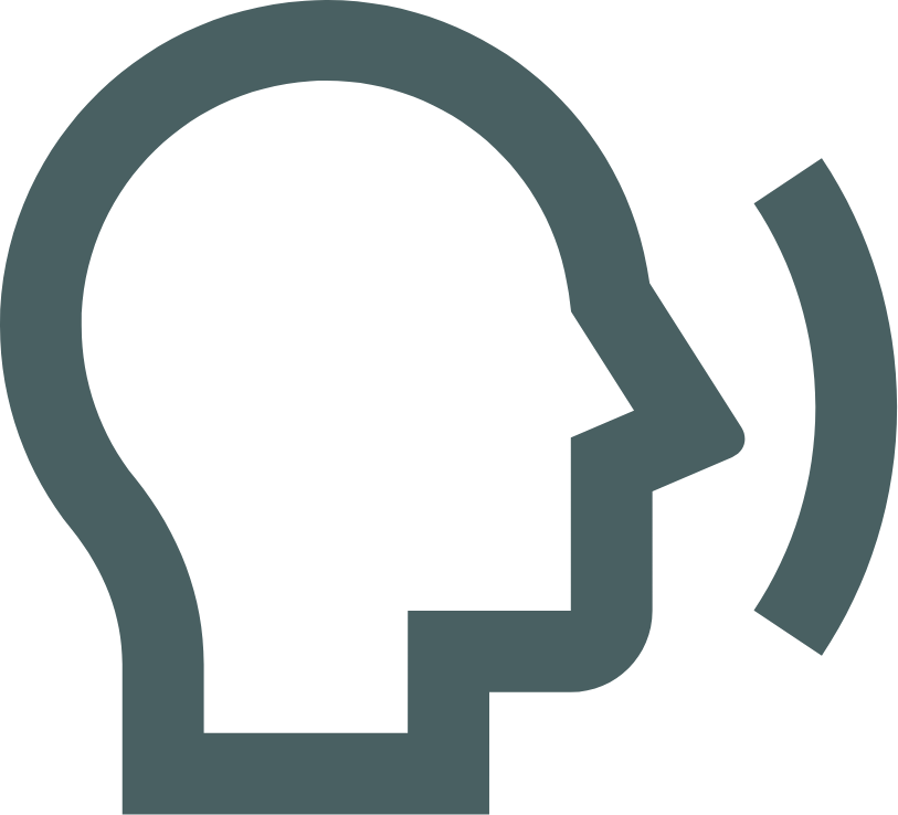 Icône représentant un profil de tête avec un cerveau et un symbole de sonorité.