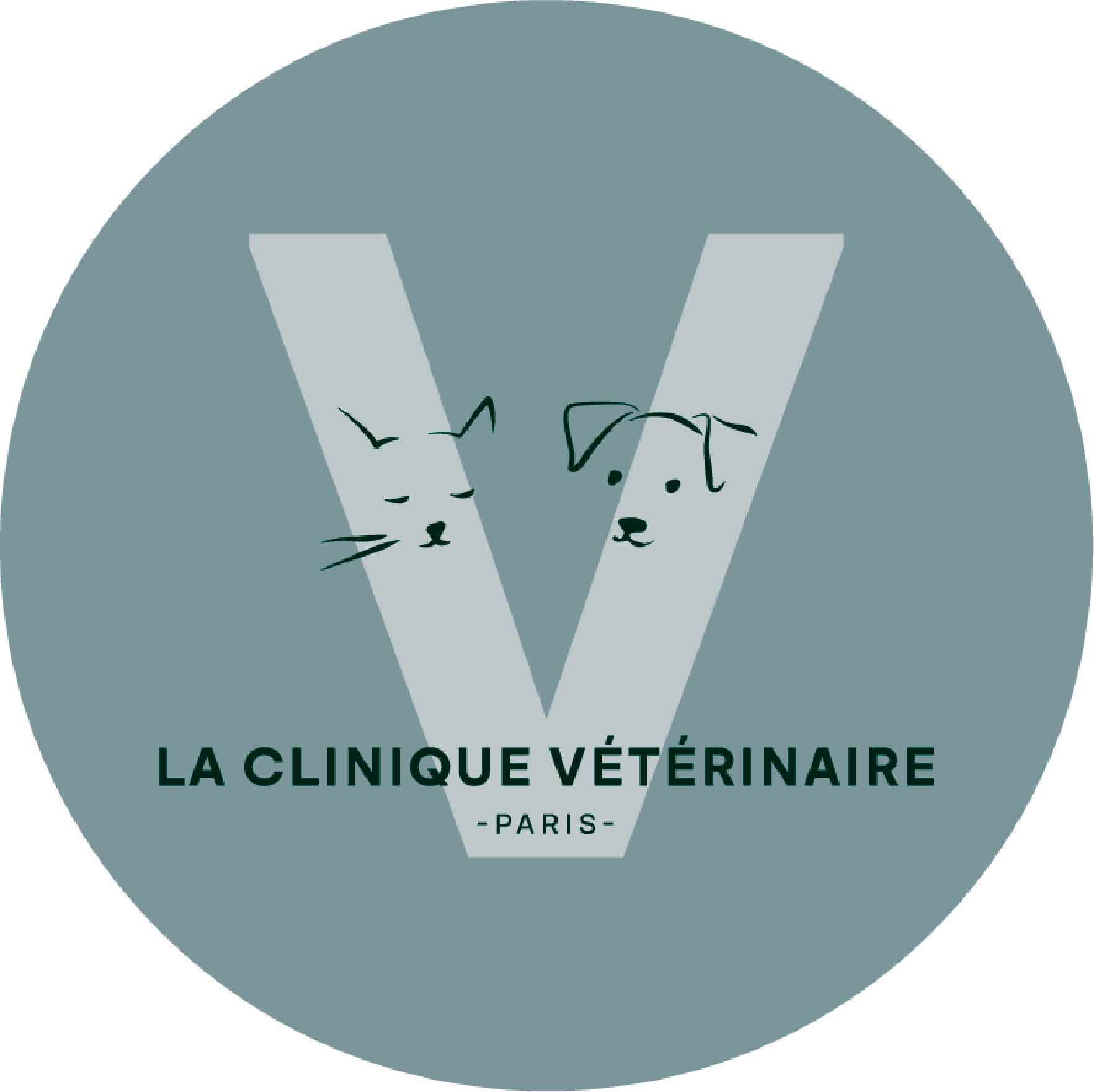 Logo de La Clinique Vétérinaire Paris, avec un fond gris et des illustrations de deux chiens et un chat au centre.