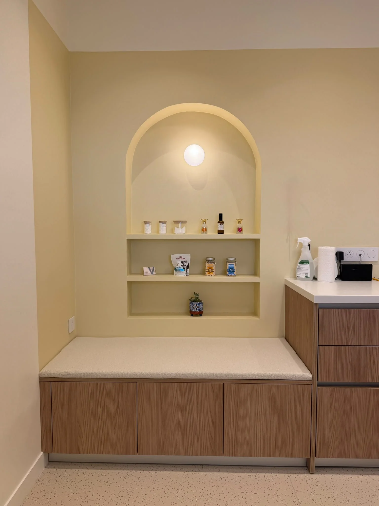 Une étagère intégrée dans un mur beige, avec des petits pots, des bouteilles, et des objets divers, dans une pièce aux murs beige clair et sol à motifs, avec un meuble en bois en dessous, d'une clinique vétérinaire à Paris 15e.