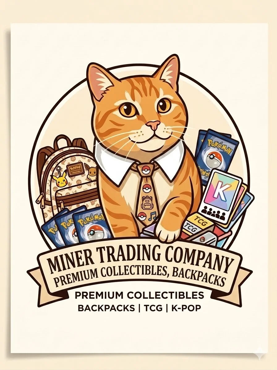 Illustration of a cat dressed in a business shirt and tie, surrounded by Pokémon trading cards, backpacks, and collectibles, with a banner that reads 'Miner Trading Company Premium Collectibles, Backpacks' and mentions TCG and K-Pop.