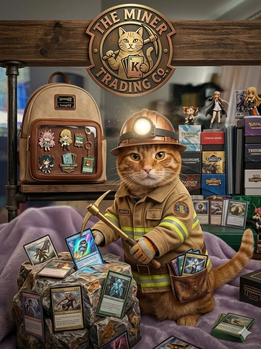 A cat dressed as a miner, wearing a helmet with a headlamp, a firefighter uniform, holding a pickaxe, and surrounded by trading cards and collectibles, with a sign for The Miner Trading Co. in the background.