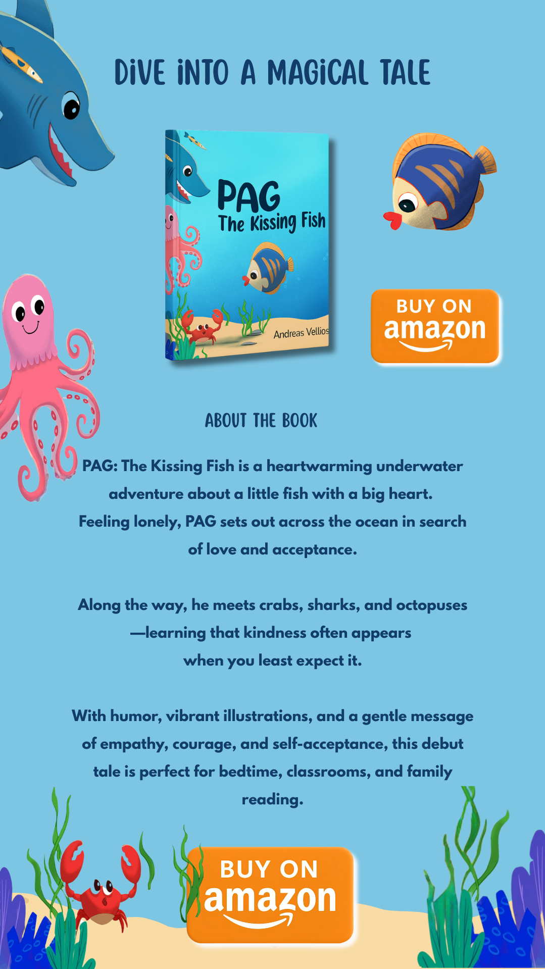 Digital illustration for a children's book titled 'PAG The Kissing Fish,' featuring cartoon fish, an octopus, and a crab in an underwater scene with seaweed, rocks, and a bright blue background.