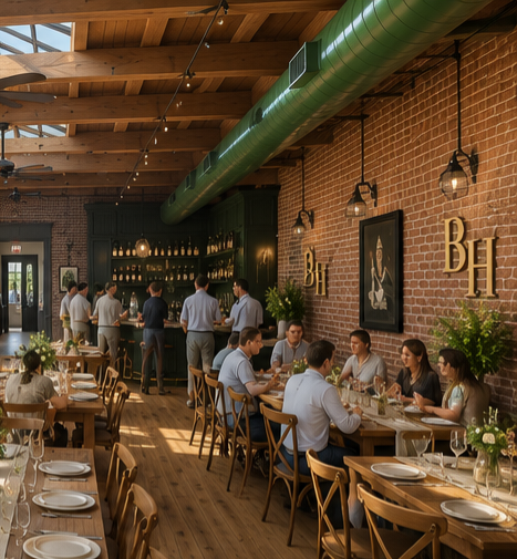 A restaurant with wooden tables set with white plates and silverware, some people dining, a bar area with people ordering drinks, exposed brick walls decorated with artwork and plants, warm lighting, and a wooden ceiling with green ductwork.