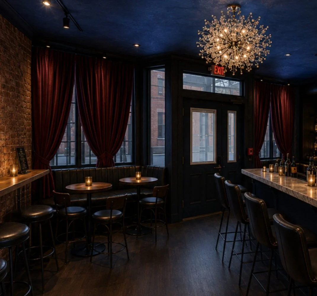 dimly lit bar or lounge with dark wood floors, brick and dark panel walls, red velvet curtains covering large windows, a marble-topped bar counter with bottles and candles, and a modern chandelier hanging from a dark ceiling.