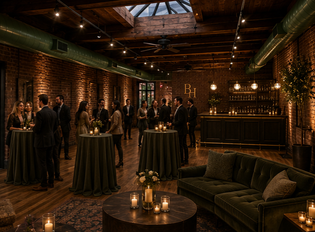 A lively indoor networking event or party with people standing and chatting around high-top tables in a stylish, rustic venue with exposed brick walls and wooden ceiling beams, warm lighting, and a bar area in the background.