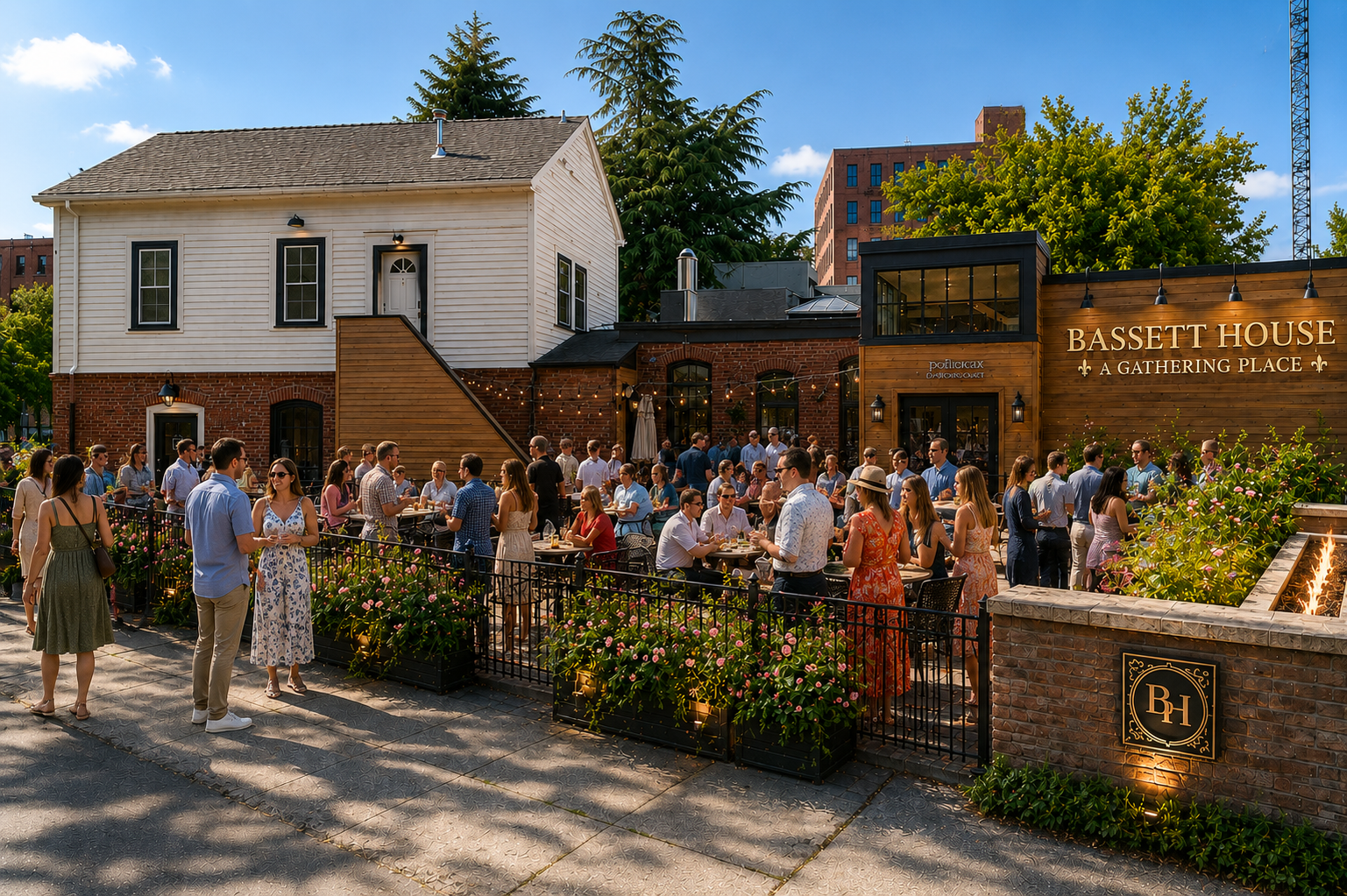 A lively outdoor gathering at Bassett House, a restaurant and event space, with many people chatting and enjoying food on a sunny day, surrounded by flowers and greenery.