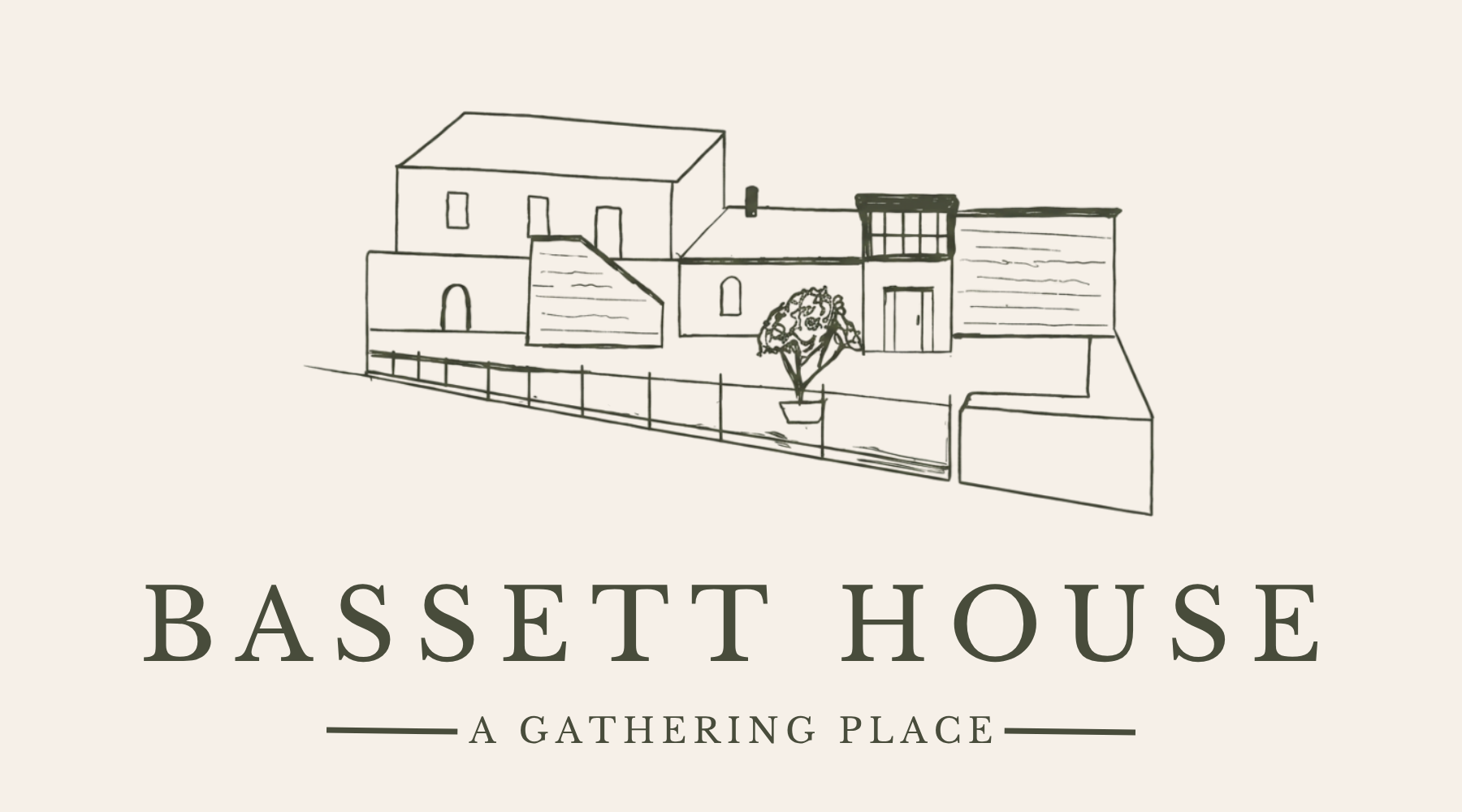 Line drawing of a house with a tree and a sign that says "Bassett House" and "A Gathering Place".