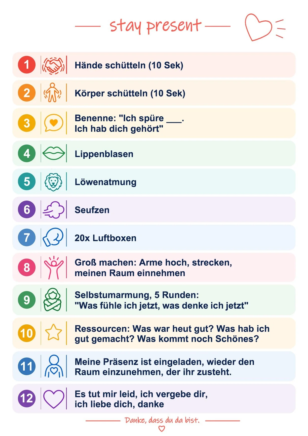A colorful infographic with steps for staying present, including hand and body shaking exercises, affirmations, breathing, meditation, and gratitude, with icons such as hearts, lips, lion, clouds, and stars.