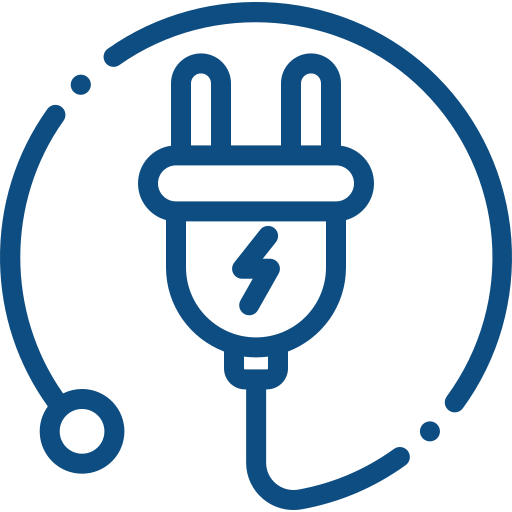 Blue electrical plug with a lightning bolt symbol, encircled by a power or energy abstract design.
