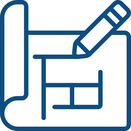Icon of a pencil drawing on a blue blueprint or floor plan.