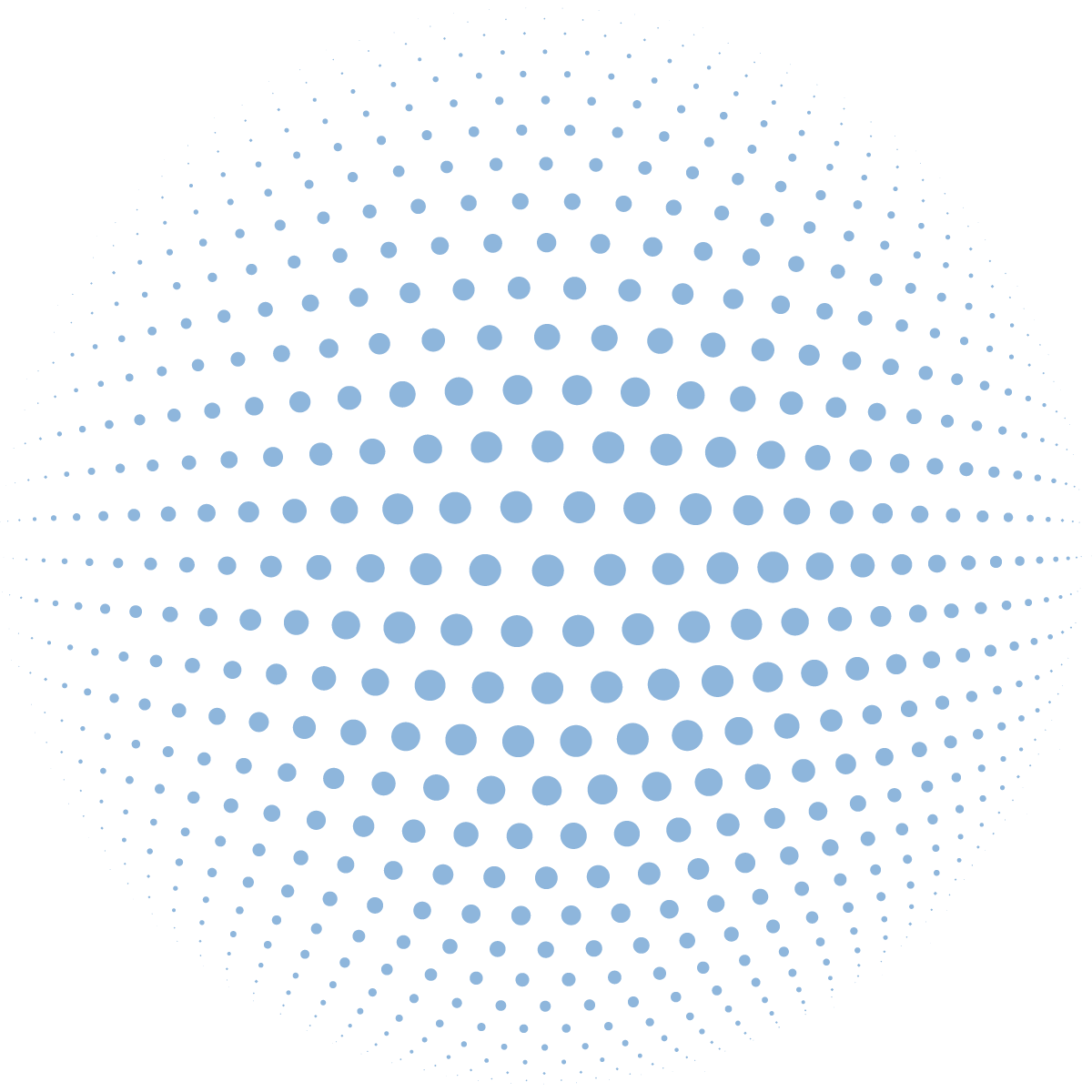 Digital illustration of a 3D sphere made of blue dots on a black background.