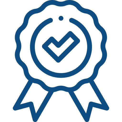 An icon of a medal or badge with a checkmark inside, symbolizing certification or achievement.