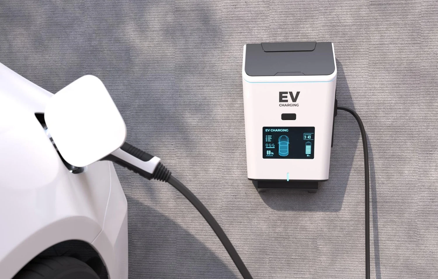 Electric vehicle being charged at a charging station.