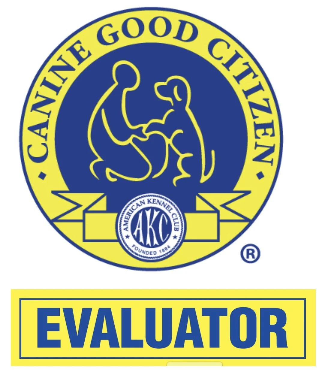 A logo with the text 'Caring . Good Citizen' encircling a stylized image of a person and a dog. Below is a yellow box with the word 'Evaluator' in blue, and the American Kennel Club (AKC) emblem.