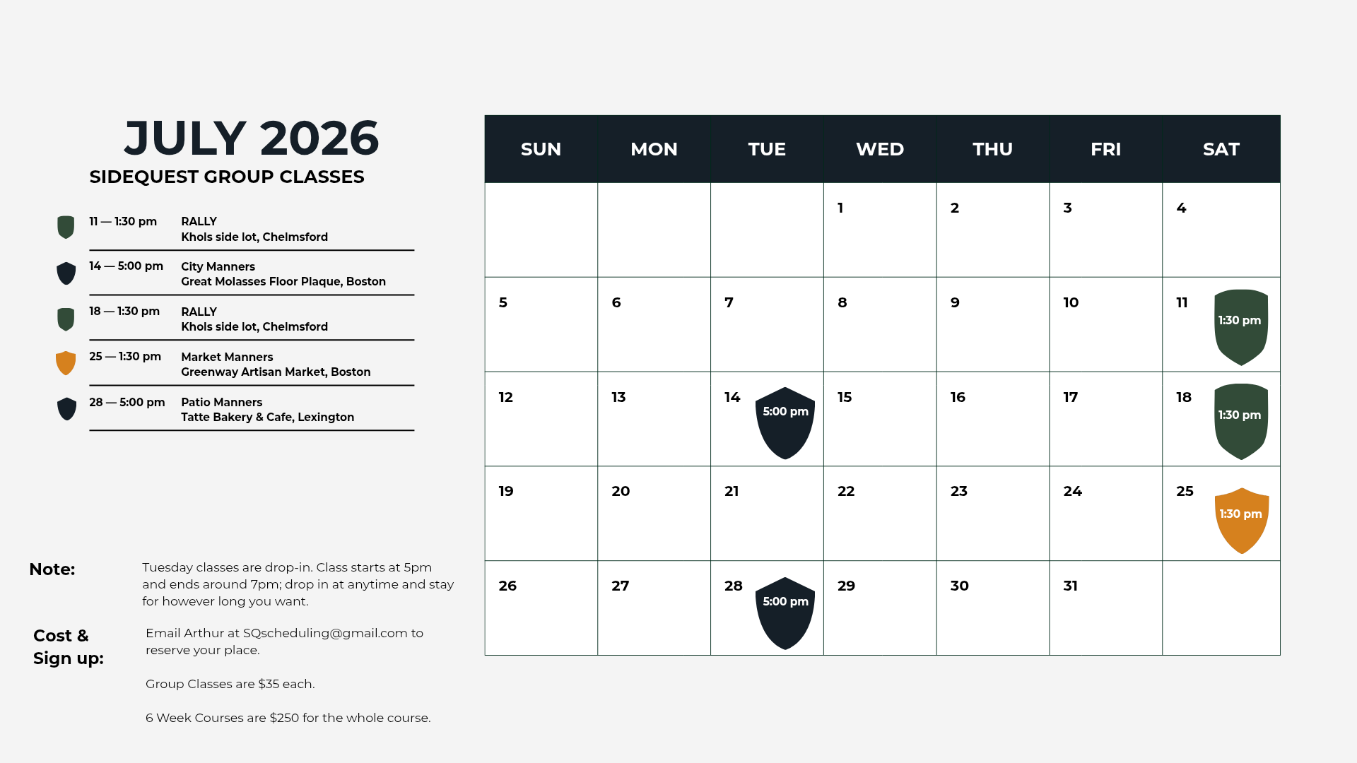 July 2026 Sidequest Group Classes calendar with scheduled classes on specific dates, color-coded icons indicating class types, and notes about class times and registration details.