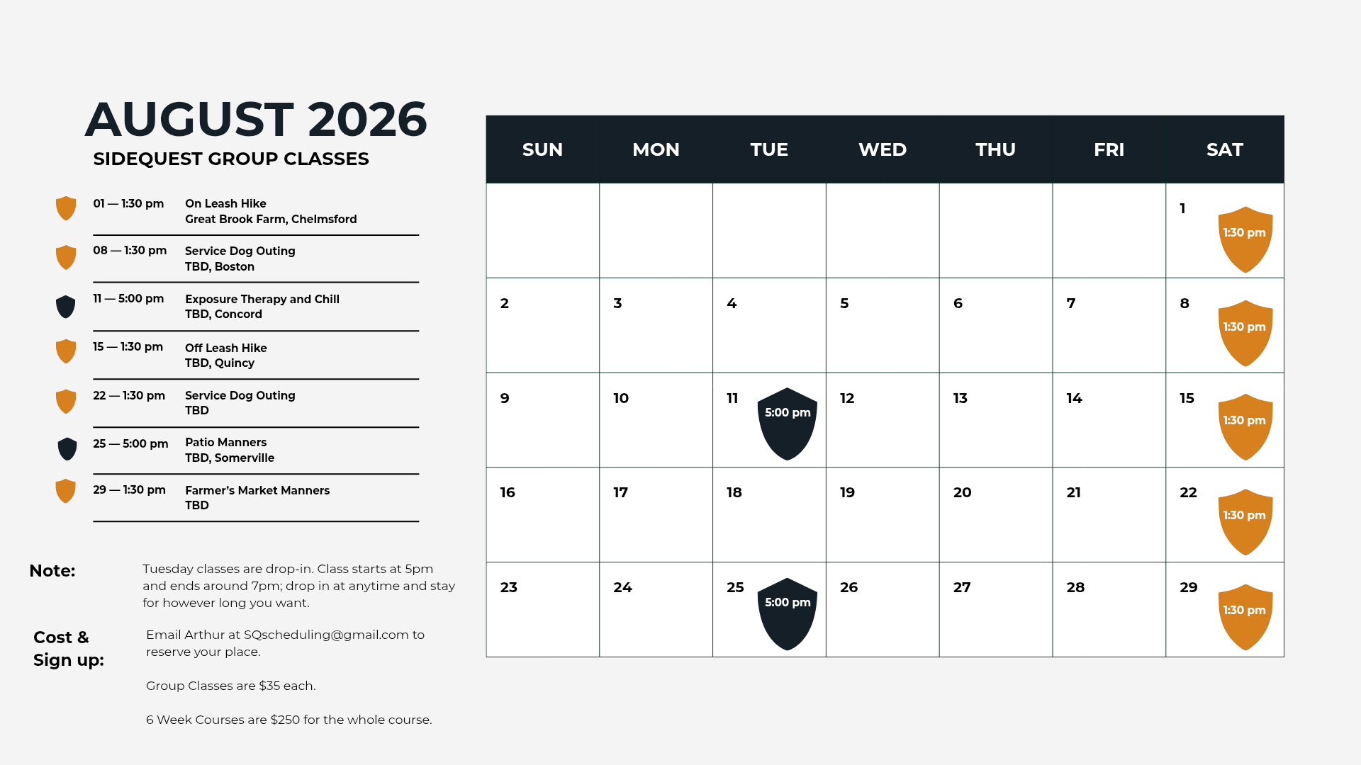 August 2026 dog training and socialization class schedule with events on specific dates and times, color-coded icons for different class types, and a note about class registration and pricing.