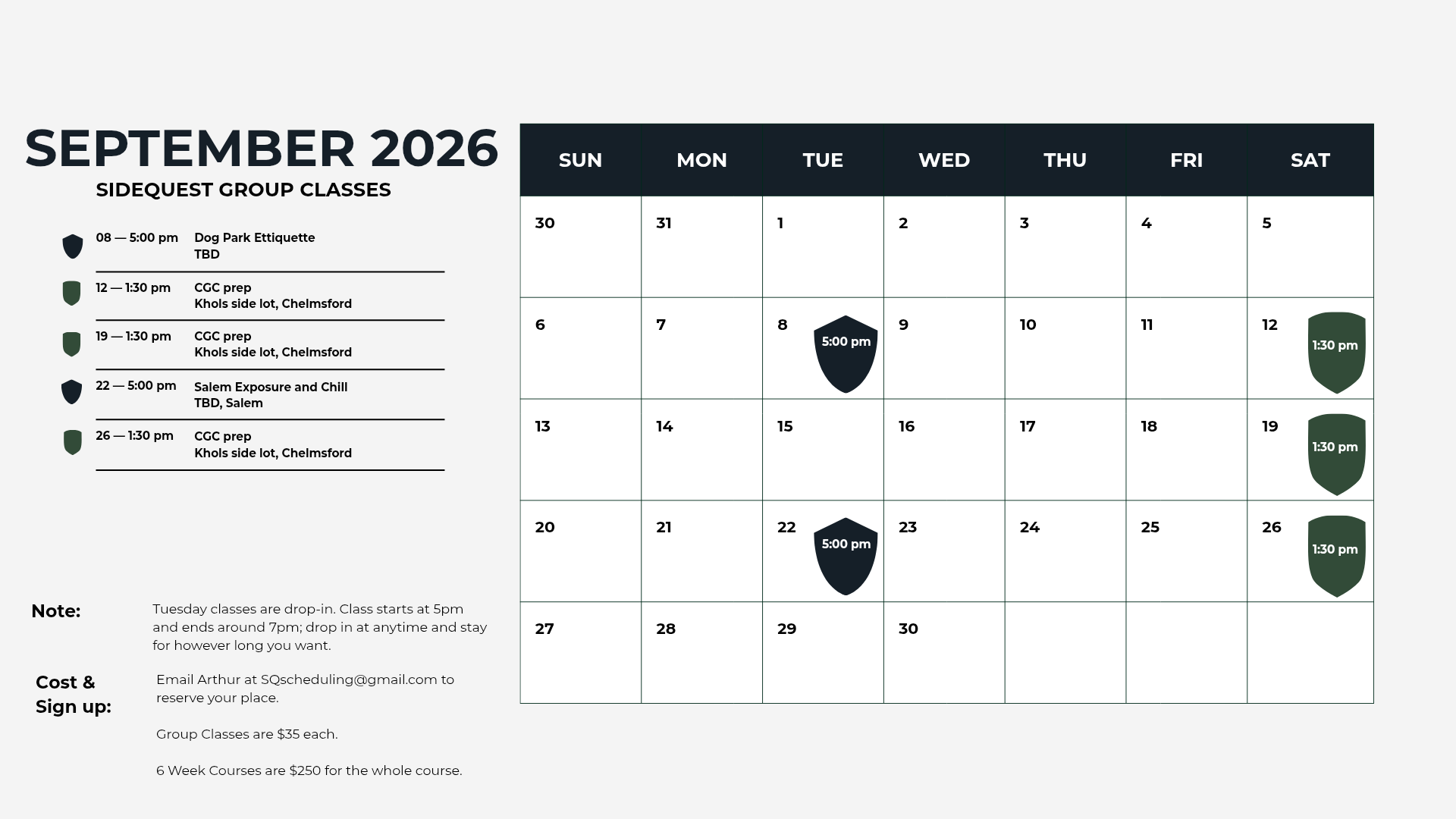 September 2026 group class schedule with dates, times, and locations for sidequest group classes, including dog park etiquette, CGC prep, and Salem exposure