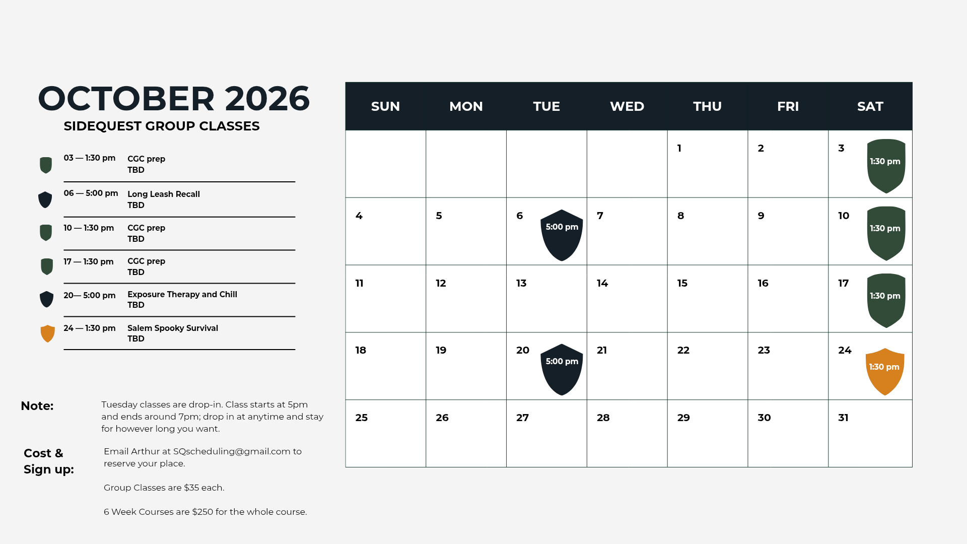 Monthly calendar for October 2026 showing scheduled sidequest group classes with different icons and times on specific dates.