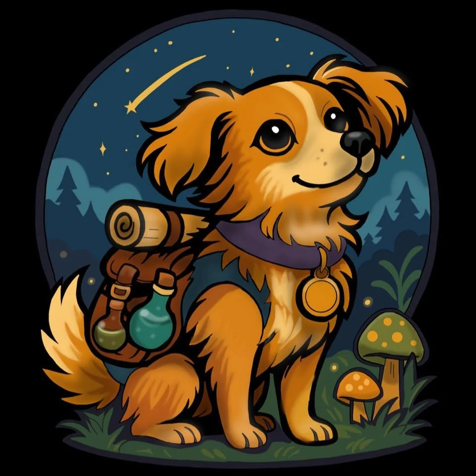 Cartoon dog with a pack, sitting in a forest with mushrooms, under a starry night sky, and a shooting star.