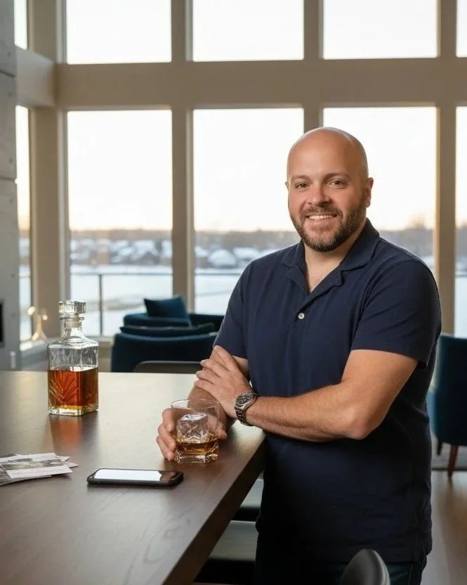Jason Beckett realtor in a Cleveland home with Lake Erie in the background enjoying whiskey with a client.