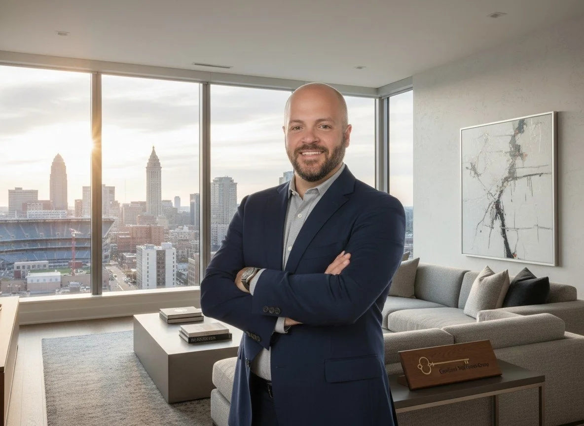 Jason Beckett realtor standing with the Cleveland skyline behind him in a modern home.