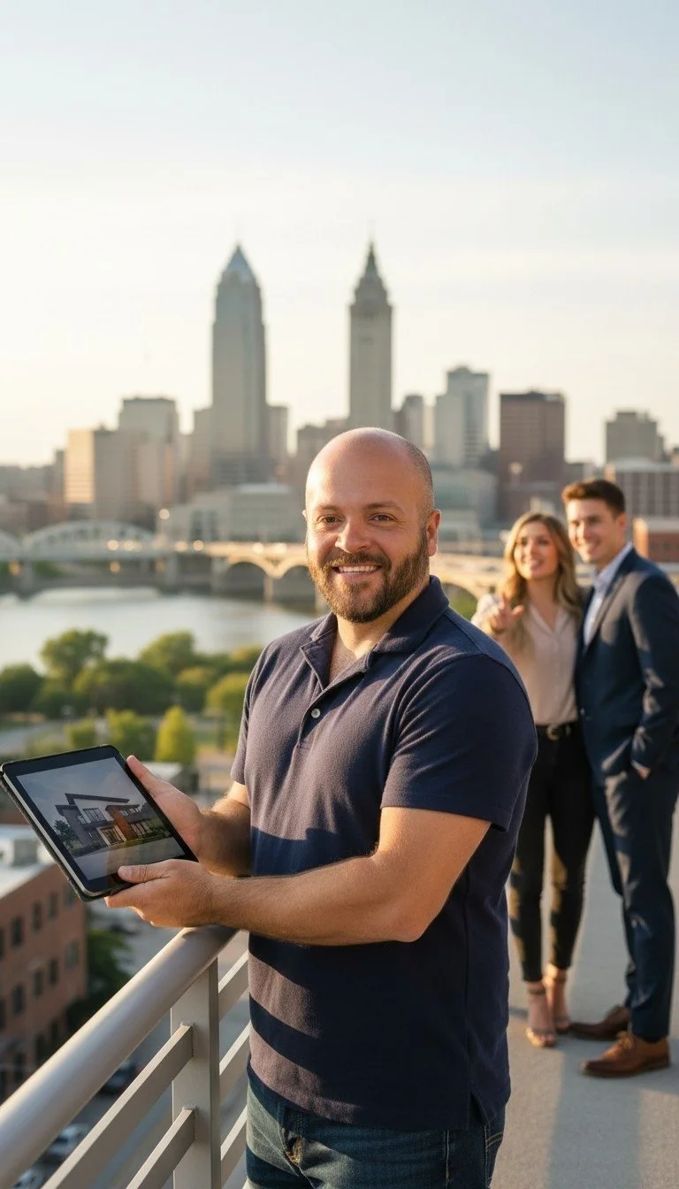 Jason Beckett realtor holding a tablet at an open house with the Cleveland skyline in the background.
