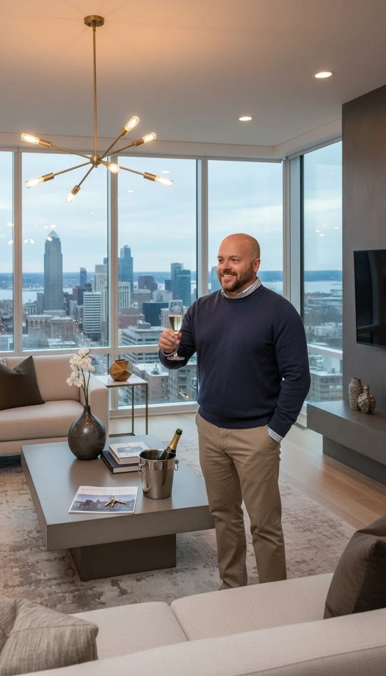 Jason Beckett realtor in a modern Cleveland home celebrating with champagne after closing on the property.