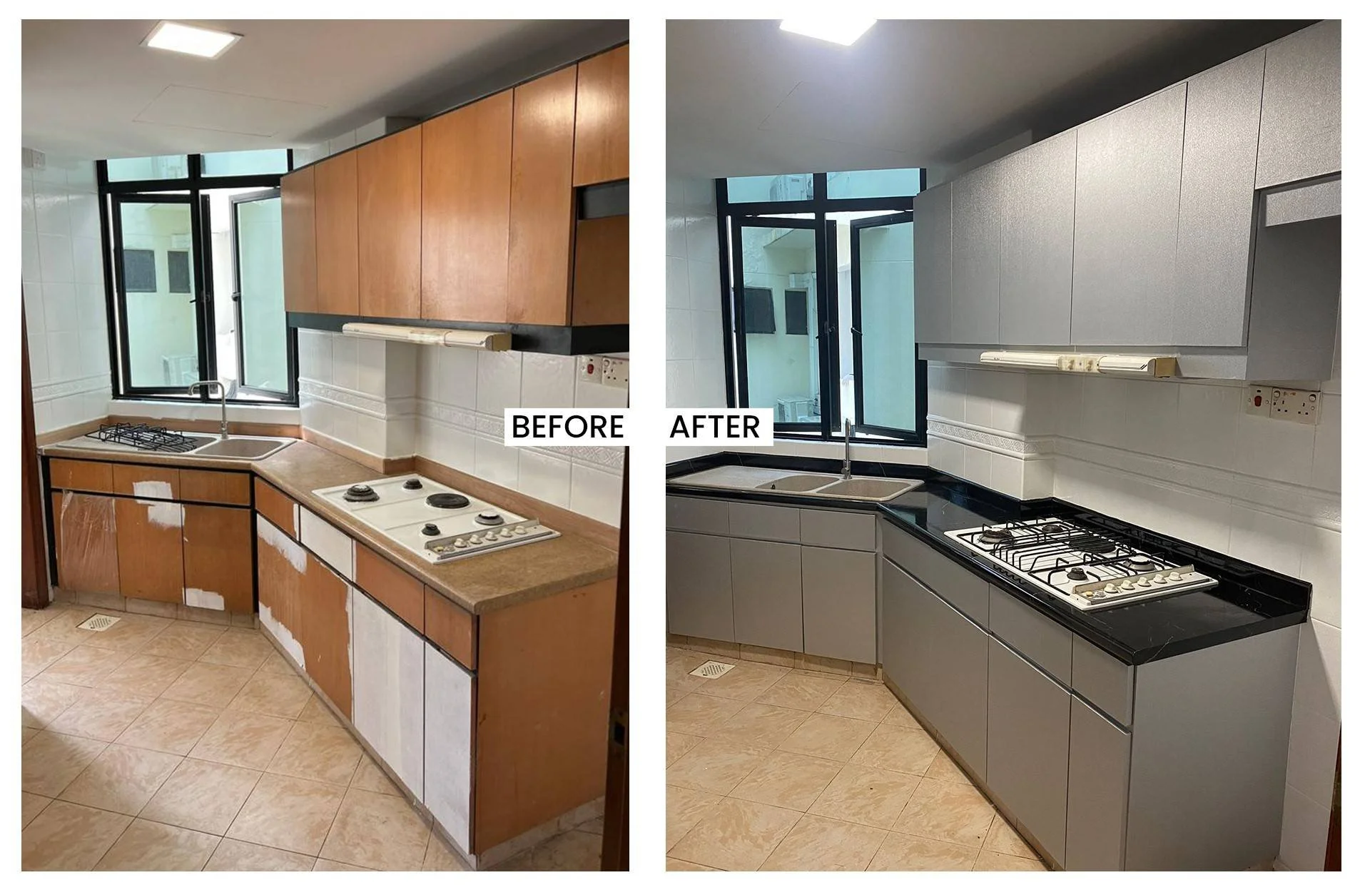 Before and after images of kitchen renovation. The 'before' side shows a kitchen with wooden cabinets, a beige countertop, and white tiles. The 'after' side shows the same kitchen with updated gray cabinets, black countertop, and clean, modern appearance.