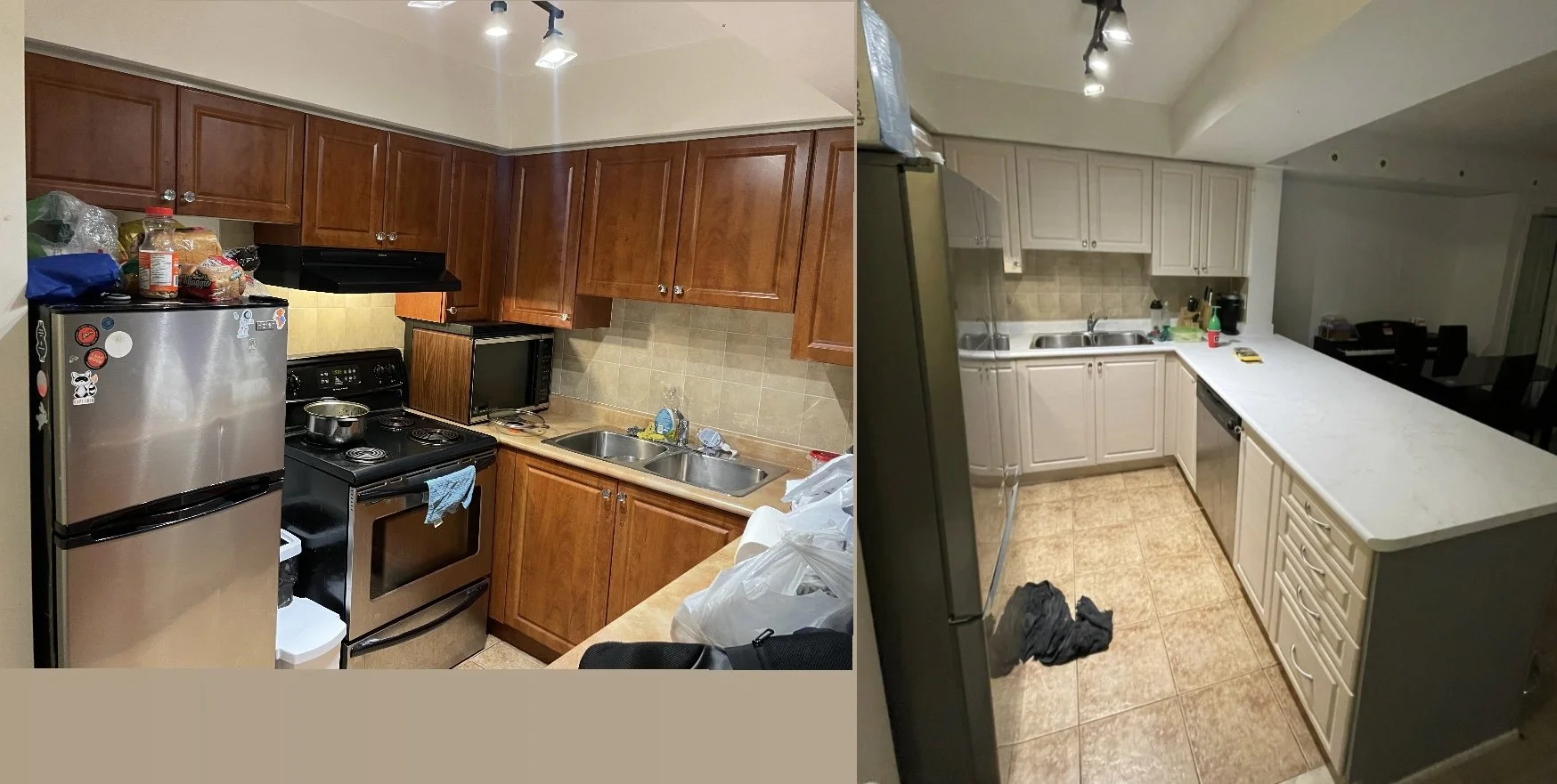Side-by-side comparison of two kitchens, one with wooden cabinets and the other with white cabinets, both equipped with appliances and countertops.