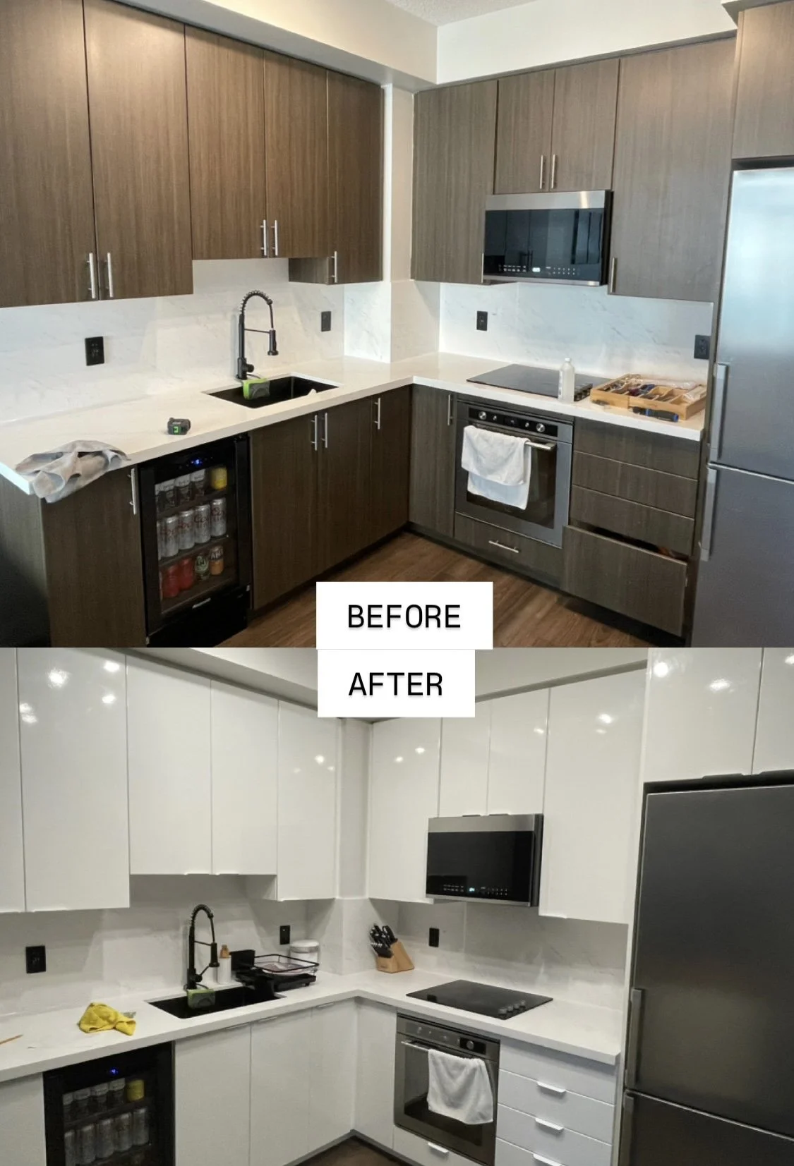 Comparison of a kitchen before and after renovation, showing updated cabinets, counters, and appliances.