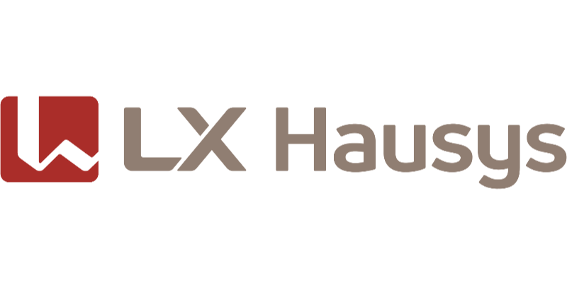 Logo of LX Hausys with a red and white emblem and brown text.
