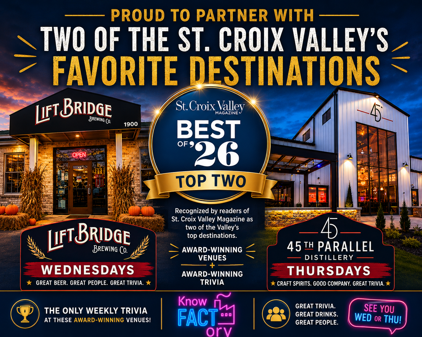 An advertisement recognizing two top destinations in St. Croix Valley, with photos of Lift Bridge Brewing Co. and 45th Parallel Distillery, celebrating as favorites of 2026 according to St. Croix Valley Magazine, featuring promotional information about trivia nights on Wednesdays and Thursdays, award-winning venues, and local entertainment highlights.