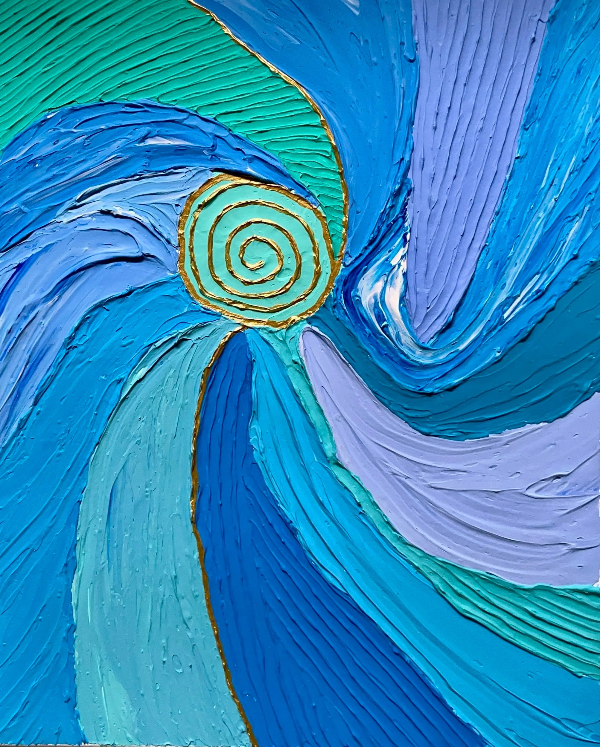 A colorful abstract painting featuring swirling patterns in shades of blue, green, and purple, with a spiral gold accent at the center.