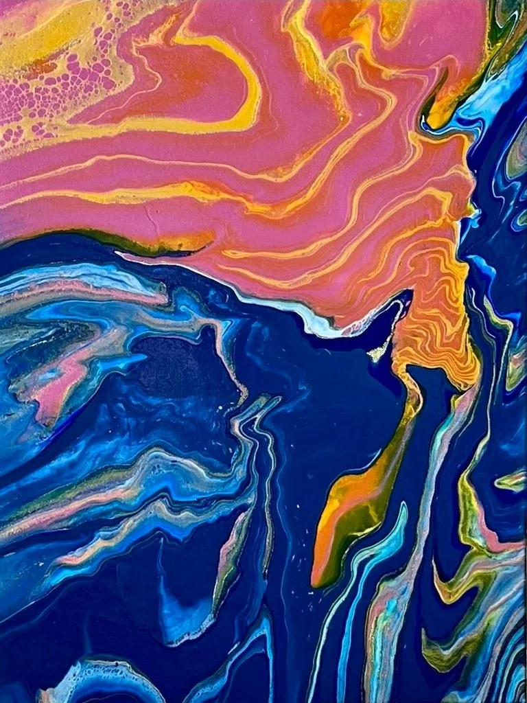 Abstract painting with swirling patterns of pink, yellow, blue, and green colors.
