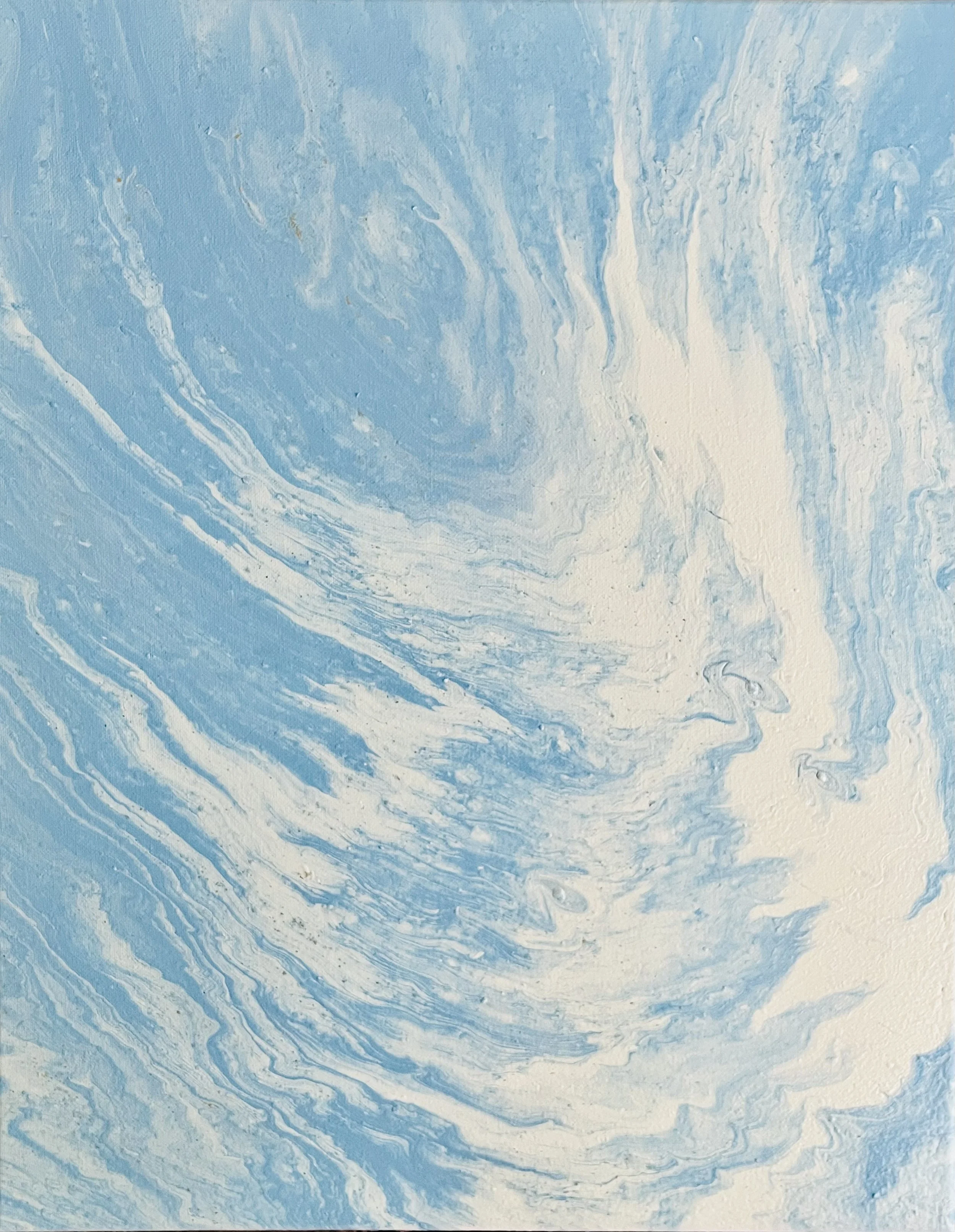 Close-up of a swirling pattern of white and light blue paint on canvas, resembling a water or sky scene.
