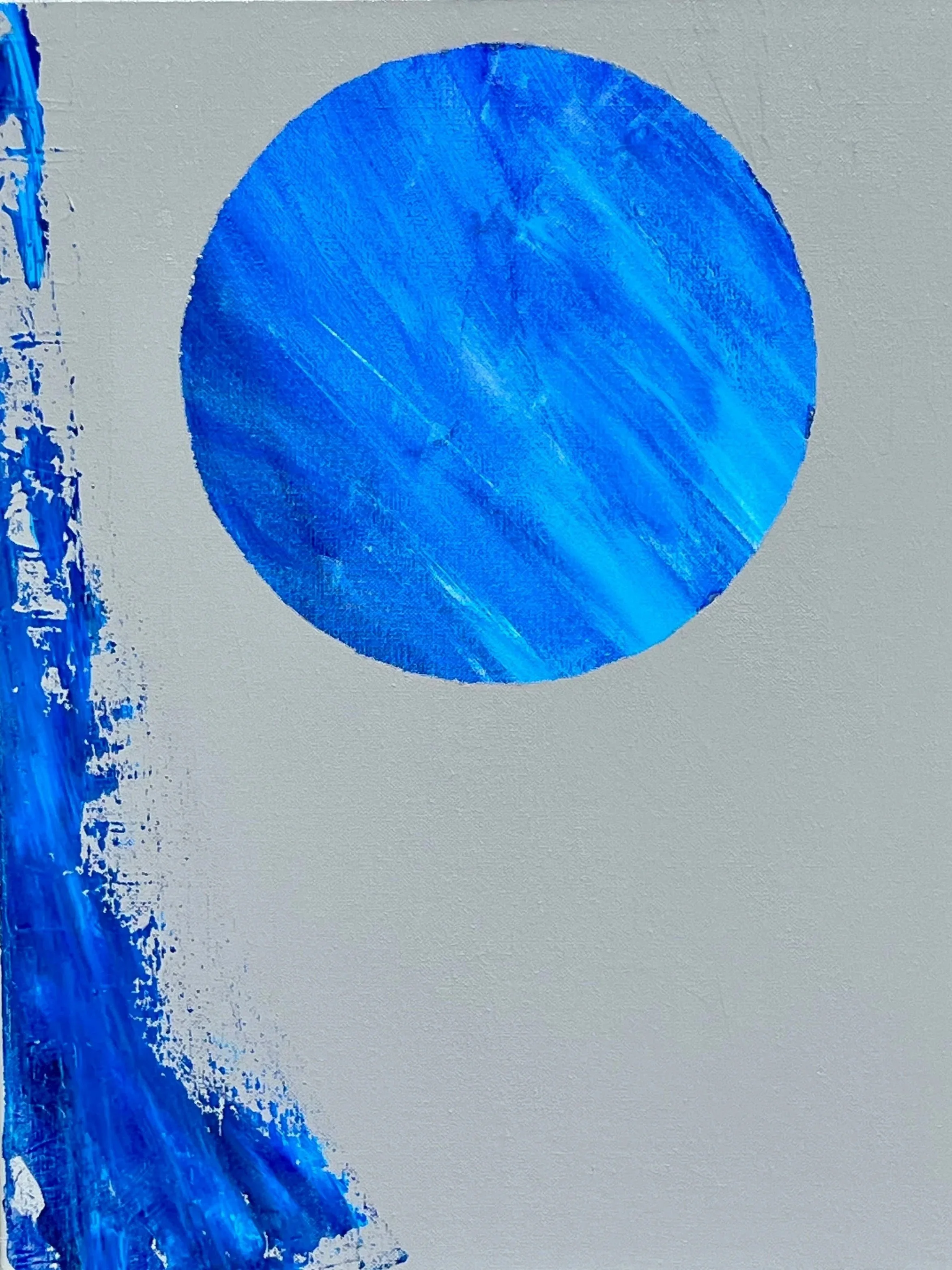 Blue abstract painting with a large blue circle and vertical blue streaks on a gray background.