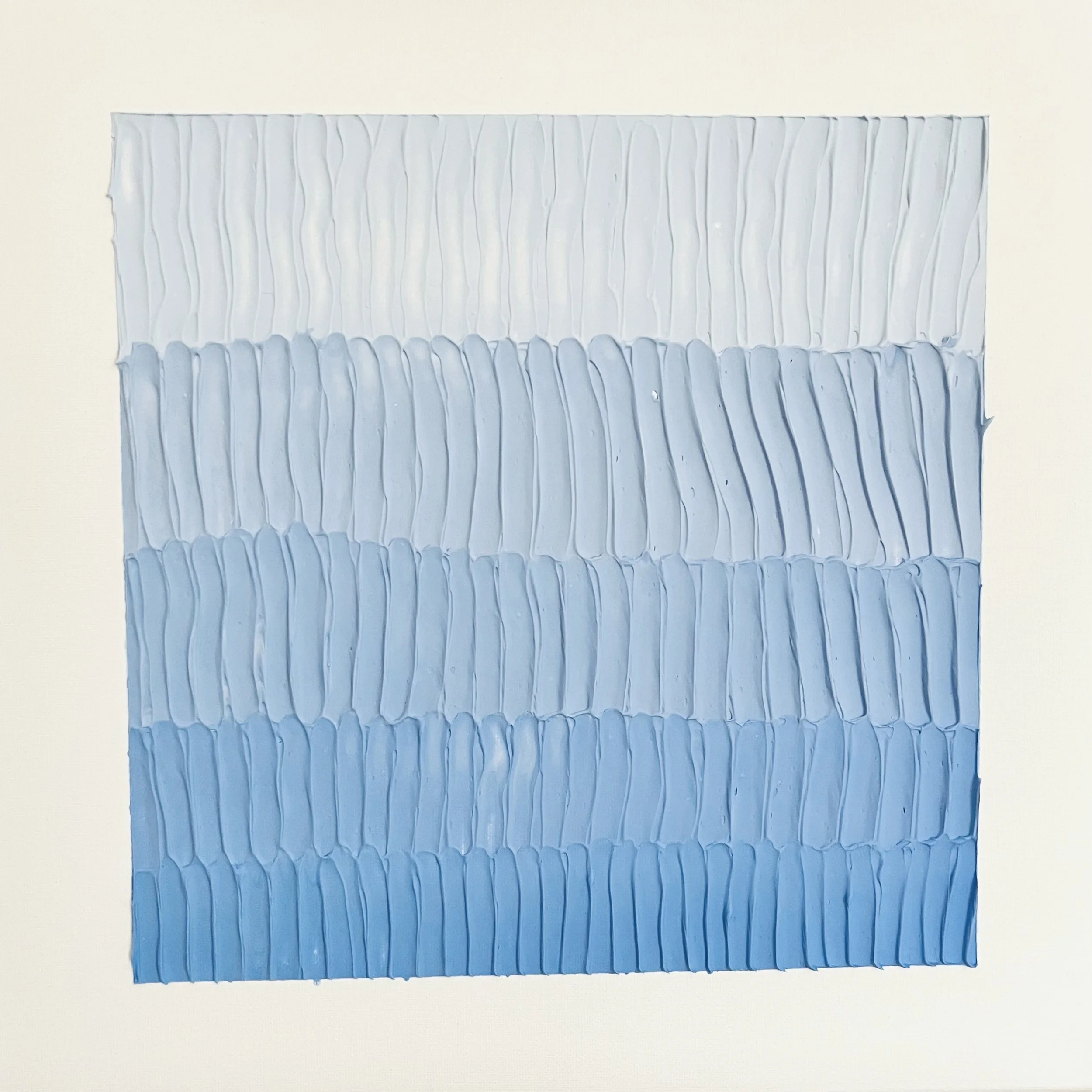 A painting with horizontal waves in shades of blue and white on a square canvas.