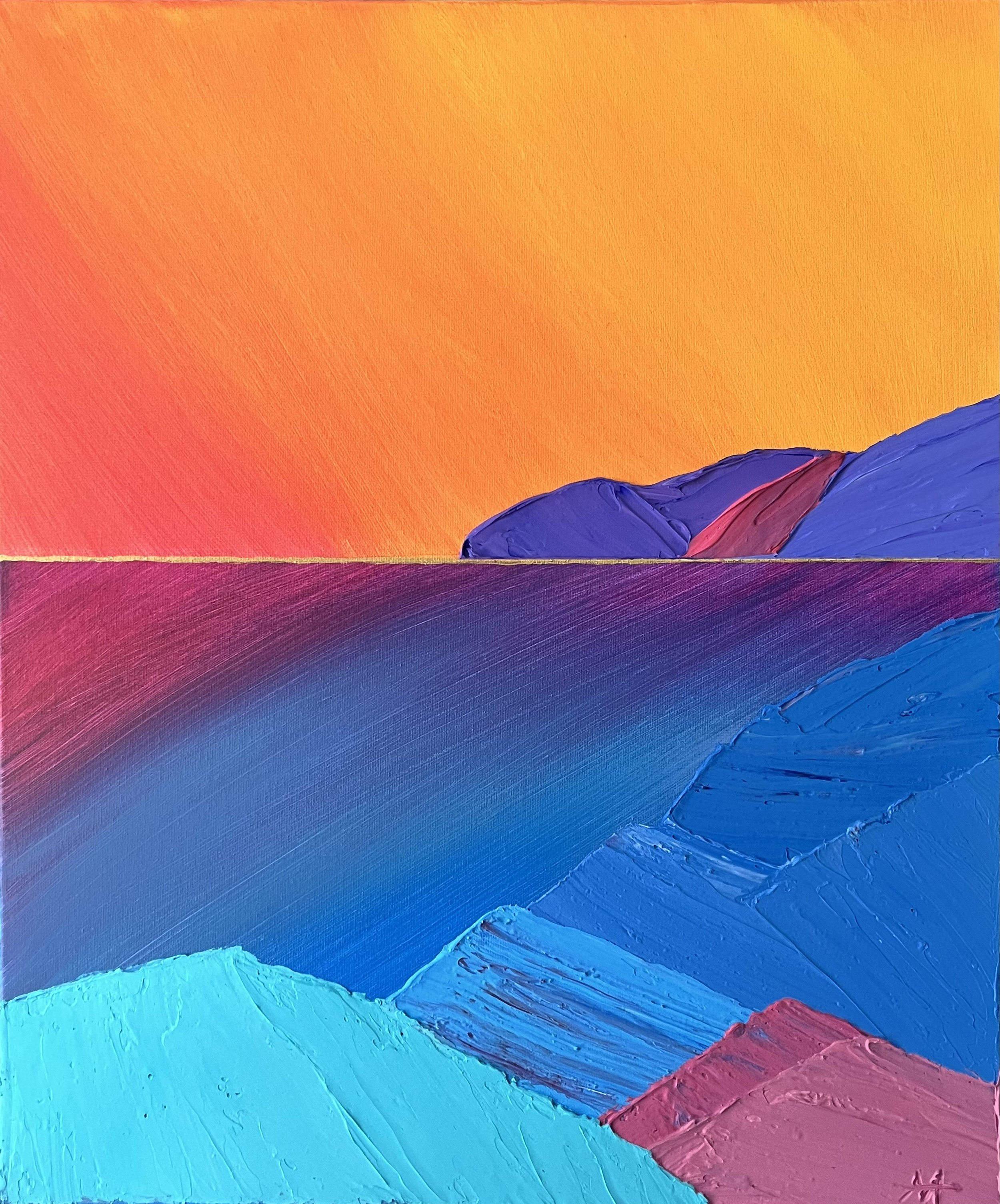 Abstract painting with vibrant, textured brush strokes in warm gradient of orange, red, purple, and cool shades of blue and teal.