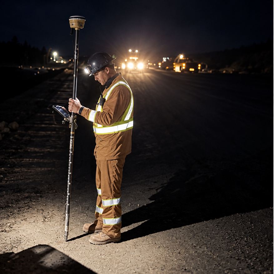 A construction worker surveying a nighttime jobsite with a GPS pole.