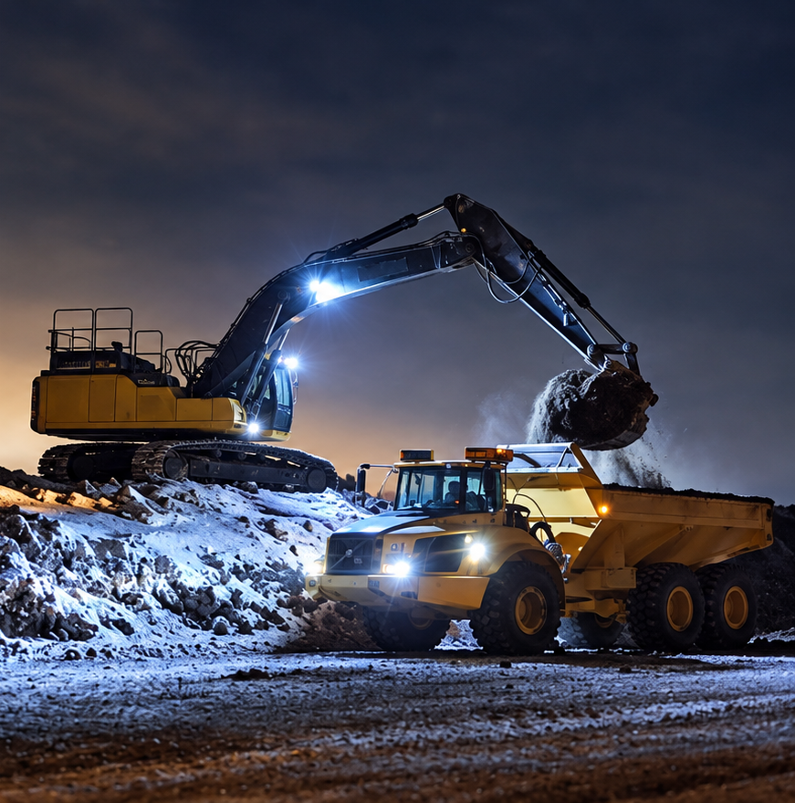 An excavator loading a haul truck on a snowy nighttime jobsite.