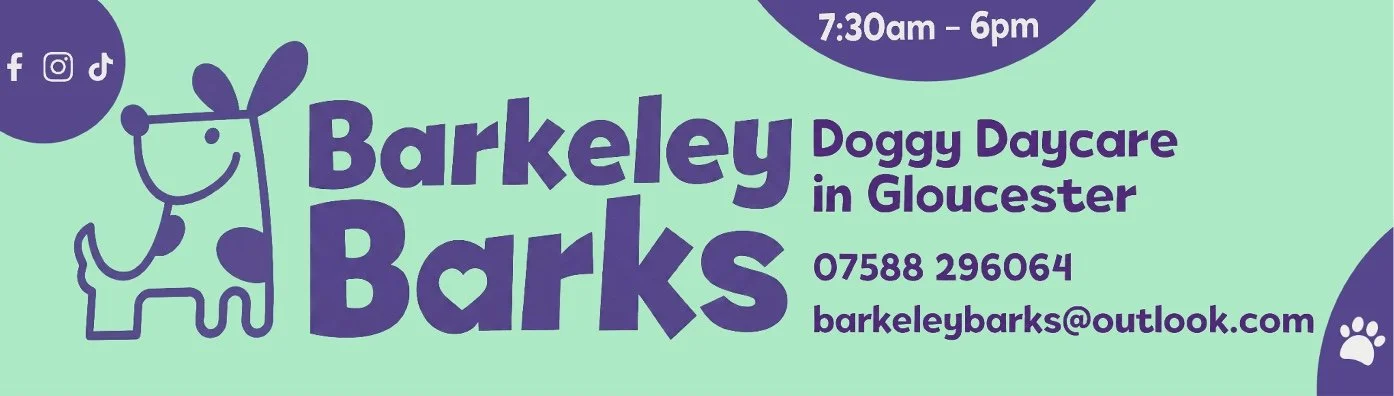 Business card for Barkele Barks, a doggy daycare in Gloucester. Includes a cartoon dog logo, contact information, and social media icons.