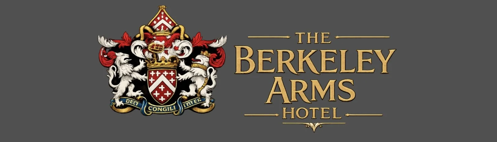 Logo of The Berkeley Arms Hotel featuring a crest with two lions and a crown, accompanied by gold text on a gray background.