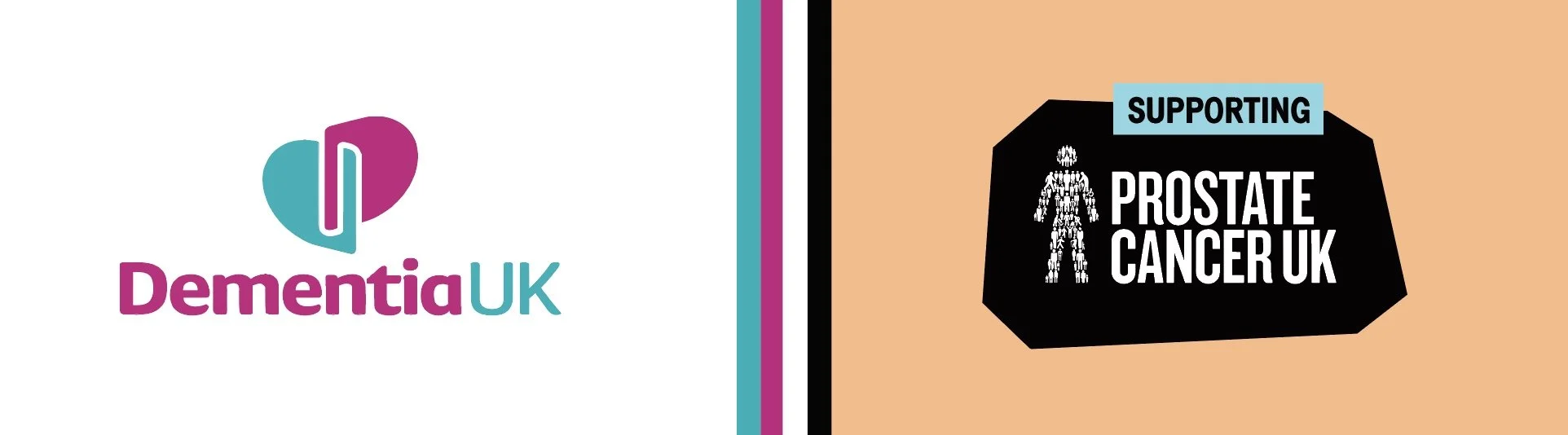 Split image with the Dementia UK logo on the left and Supporting Prostate Cancer UK banner on the right.