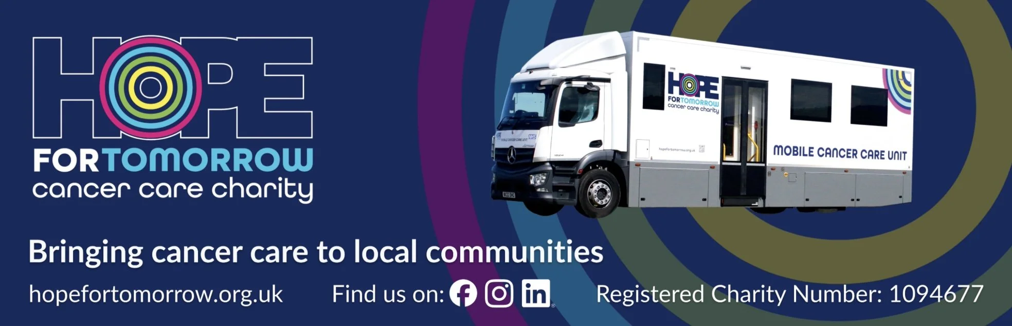 A mobile cancer care unit truck with Hope for Tomorrow logo and colorful concentric circles, promoting cancer care charity services to local communities.