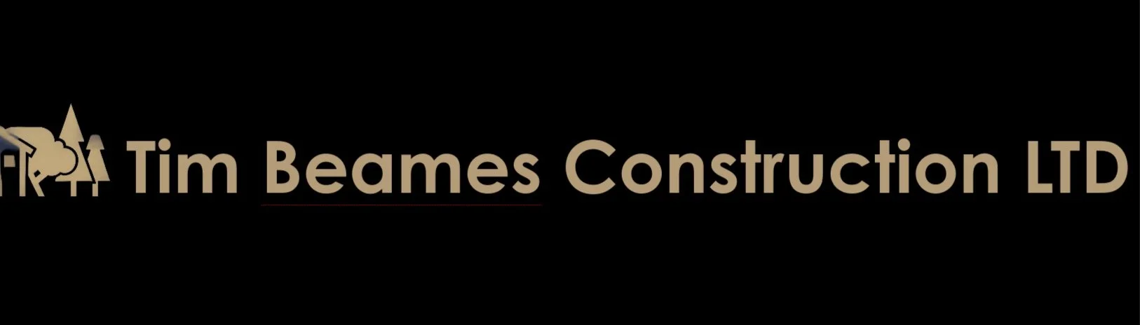 Construction company logo featuring trees and a building, with the text "Tim Beames Construction LTD" in beige letters on a black background.