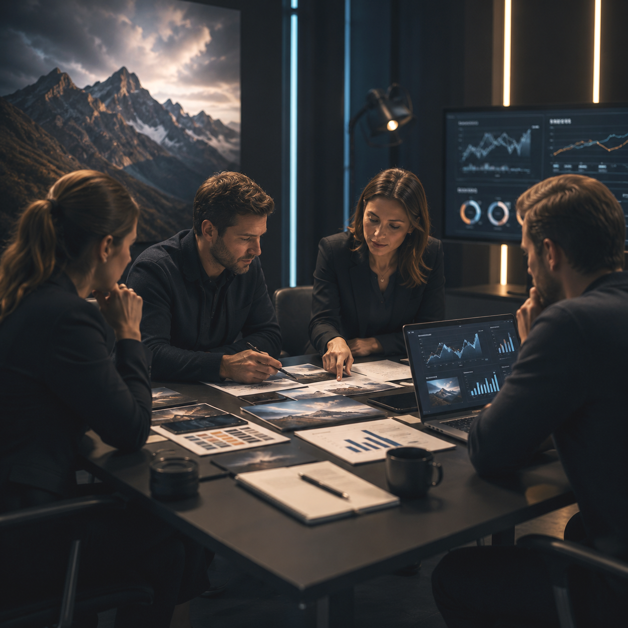 A business meeting is taking place in a dark conference room with mountains on the wall. Four people are seated around a table reviewing documents and graphs on laptops and papers, with a large screen displaying financial charts behind them.