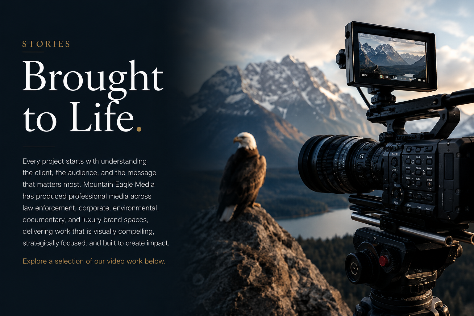 A professional video camera on a tripod filming a bald eagle with a mountain landscape and lake in the background.