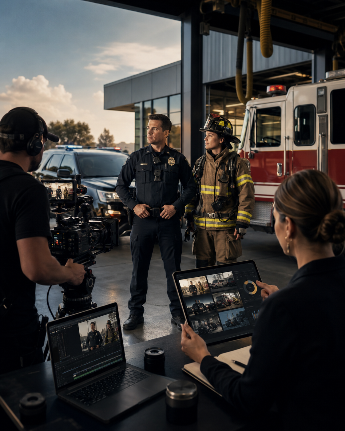 A group of firefighters and police officers being filmed and interviewed outside a fire station with firefighting equipment in the background.