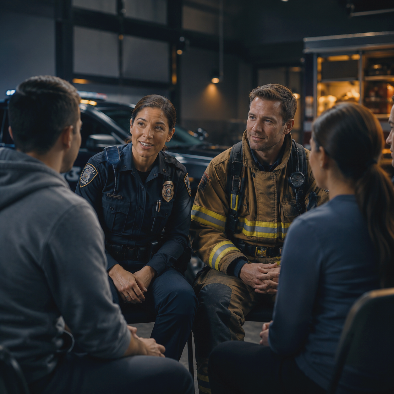 A group of emergency responders, including a police officer and a firefighter, having a discussion with two civilians in a garage or emergency facility.